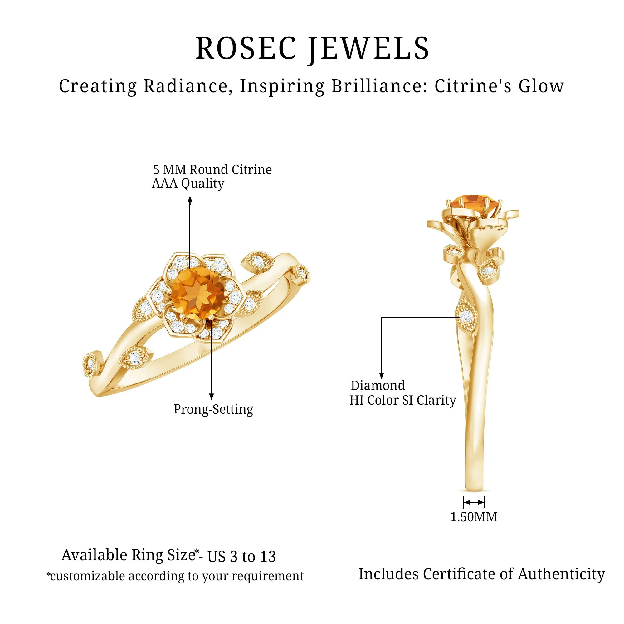 Nature Inspired Citrine and Diamond Engagement Ring