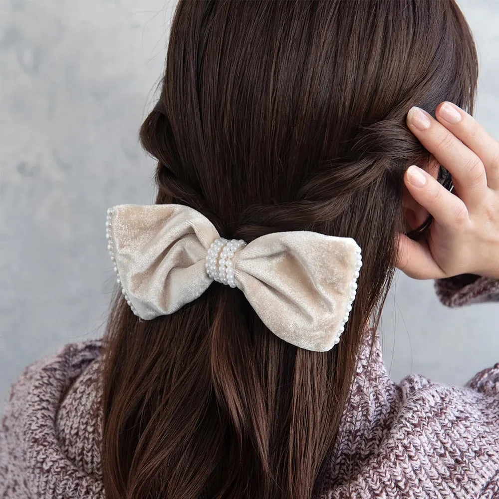 Pearly Velvet Hair Bow Barrette