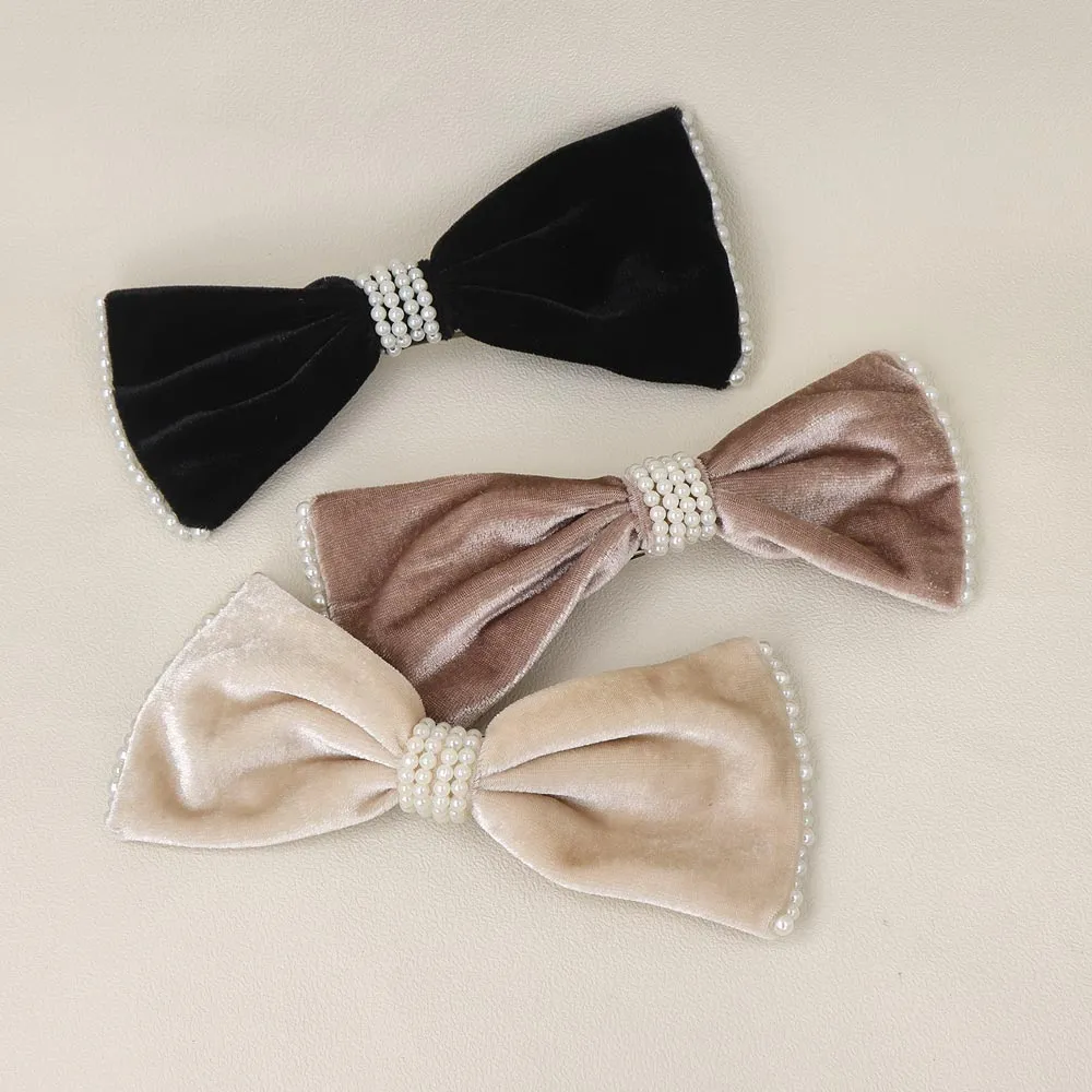 Pearly Velvet Hair Bow Barrette