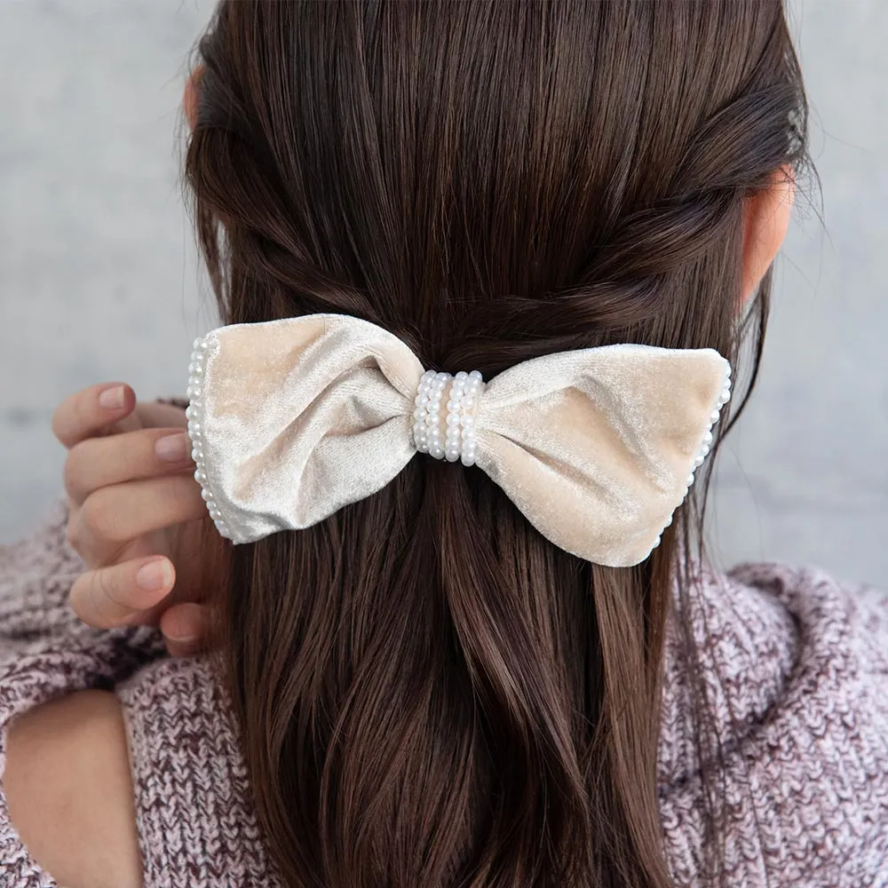 Pearly Velvet Hair Bow Barrette