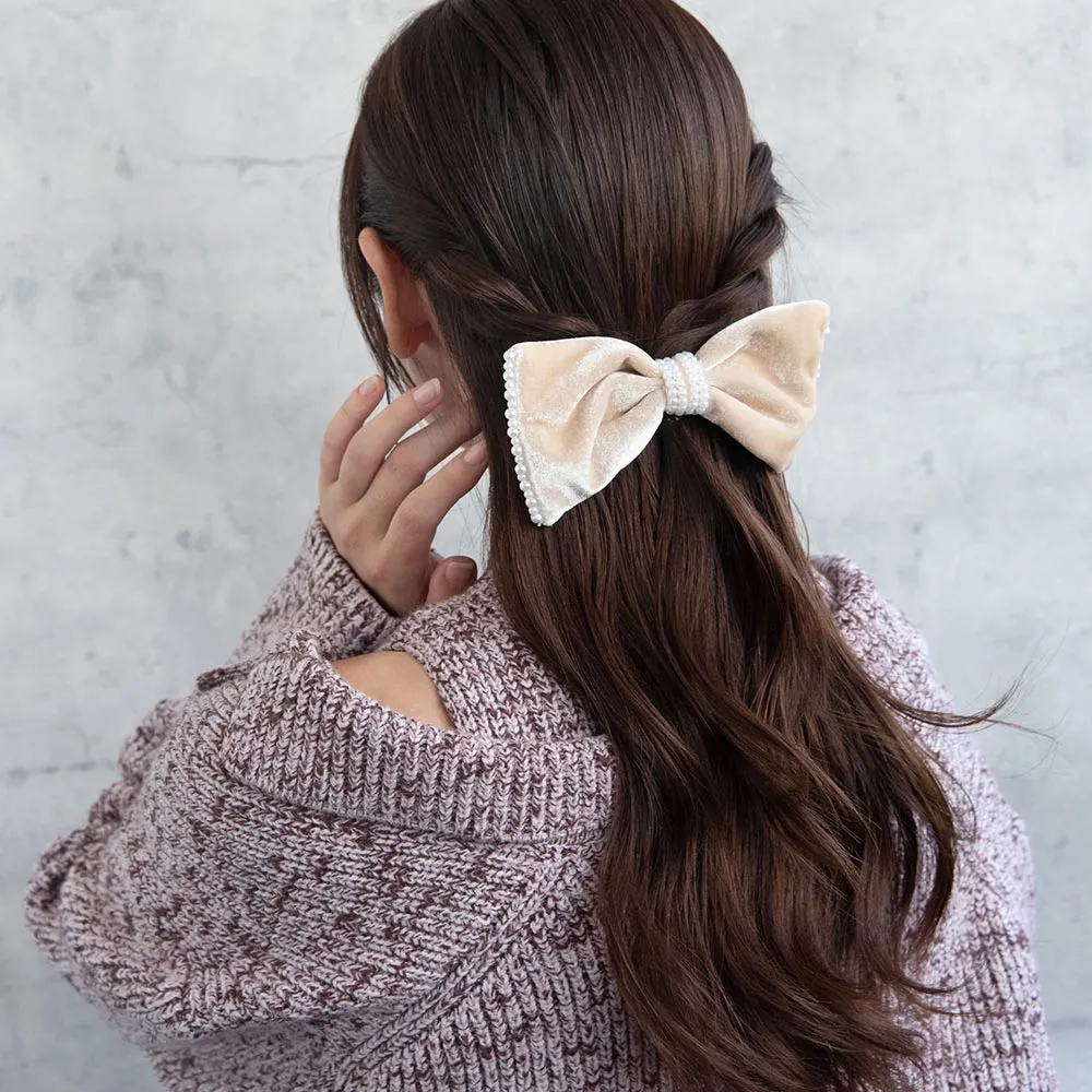 Pearly Velvet Hair Bow Barrette