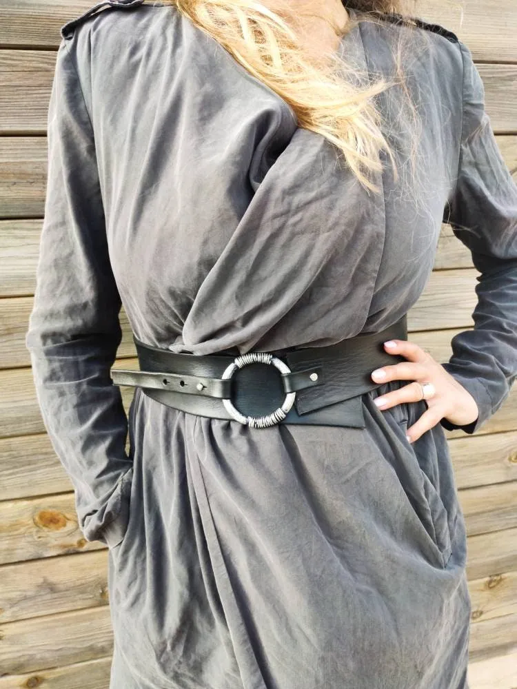 Personalized Black Leather Wide Waist Belt for Women - Handcrafted Statement Belt for Her