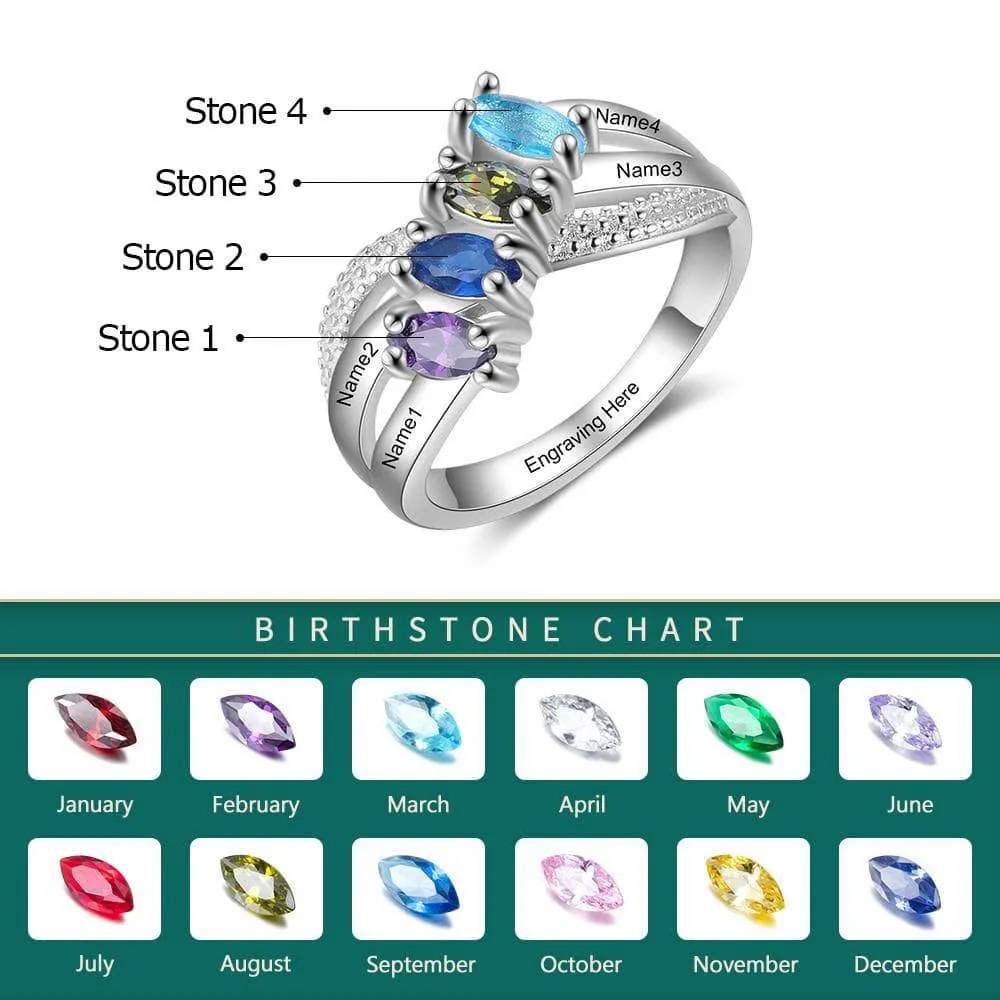 Personalized Family Name Engraved Rings with 4 Birthstones