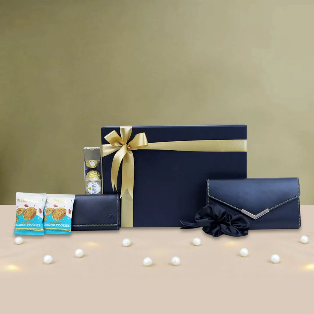 Premium Gift for Women : Ladies Wallet, Card Holder, Almond Cookies, Ferrero rocher & Scrunchie