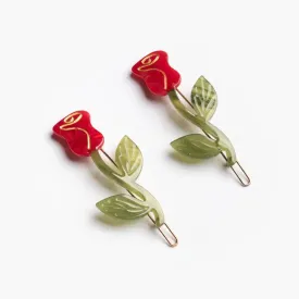 Red Rose Acetate Barrette Hair Clip Set