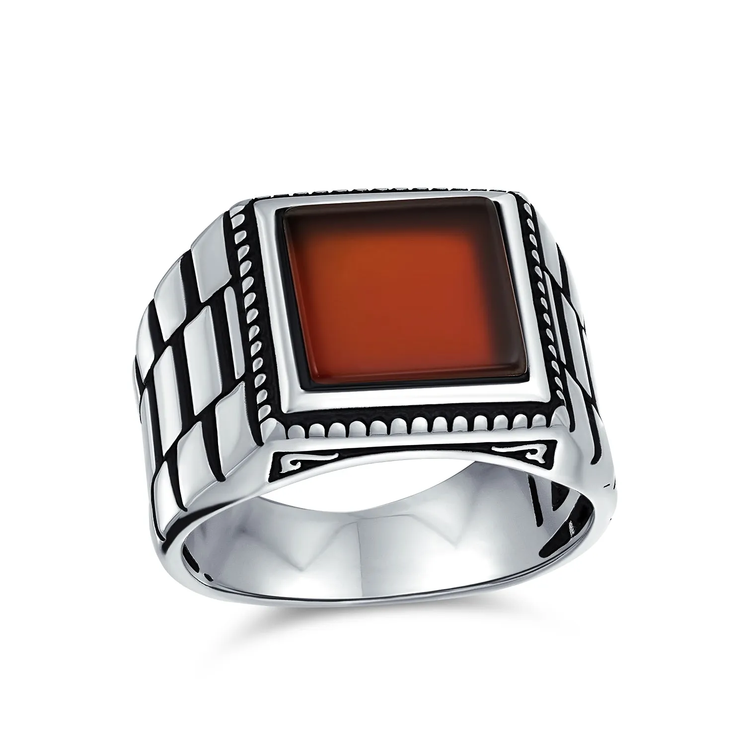 Retro Mens Silver Ring with Black Onyx and Red Agate Gemstone Handmade in Turkey