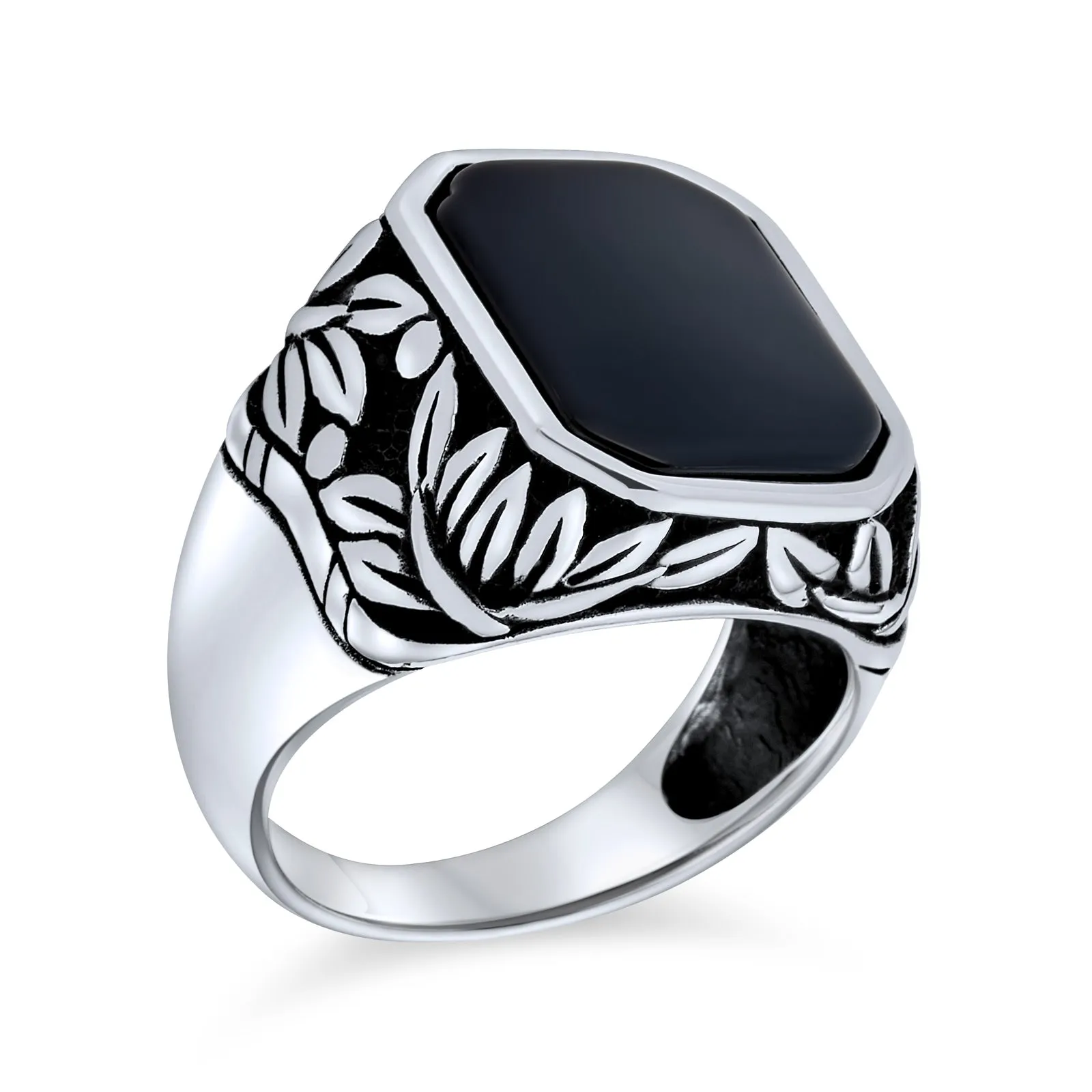 Retro Vintage Mens Silver Ring Leaf Vine Black Onyx Gemstone Signet Jewelry 925 Sterling