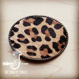 Rope Edge Leopard Hair on Hide Leather Belt Buckle