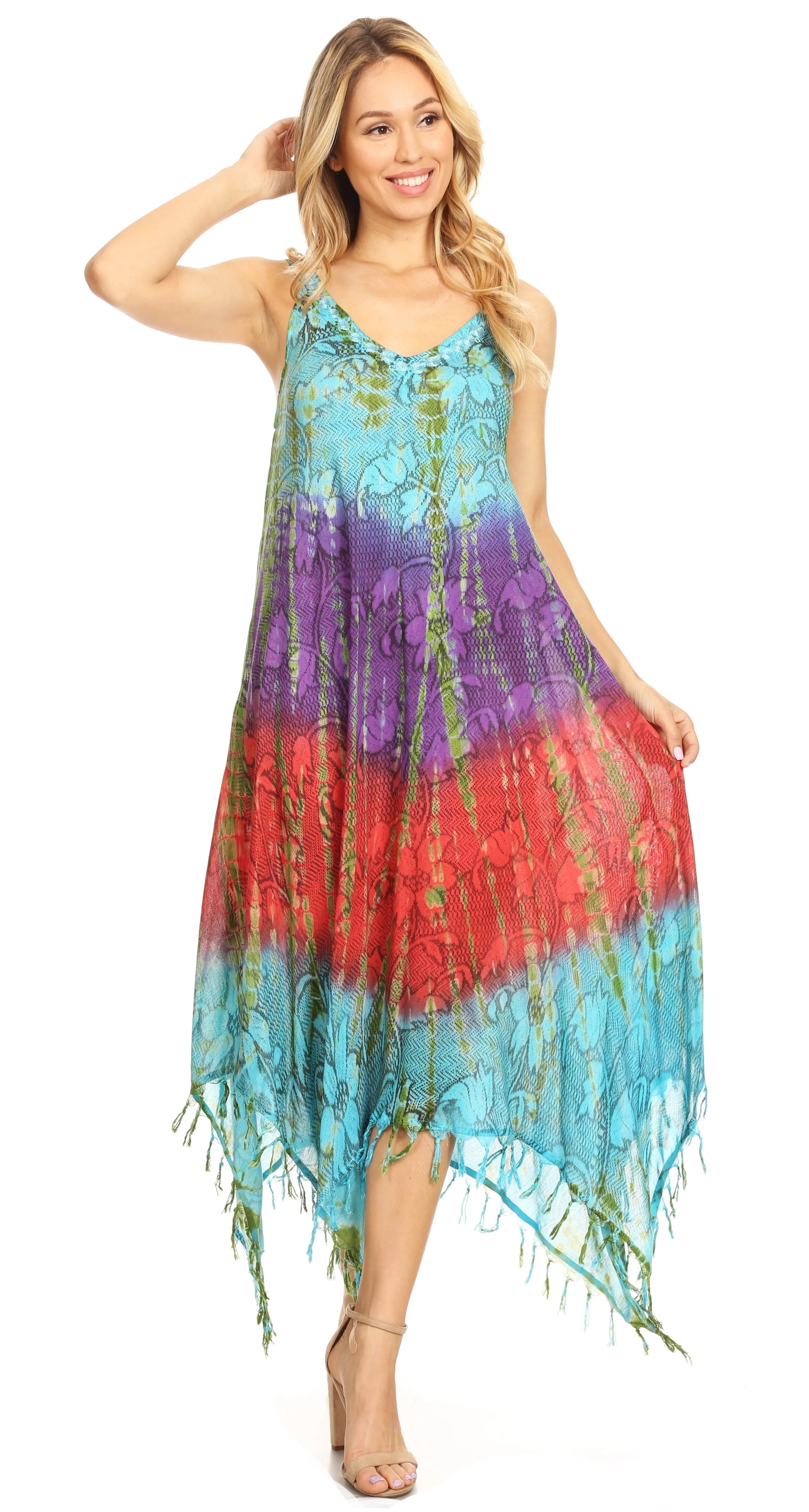 Sakkas Lupe Women's Casual Summer Fringe Maxi Loose V-neck High-low Dress Cover-up