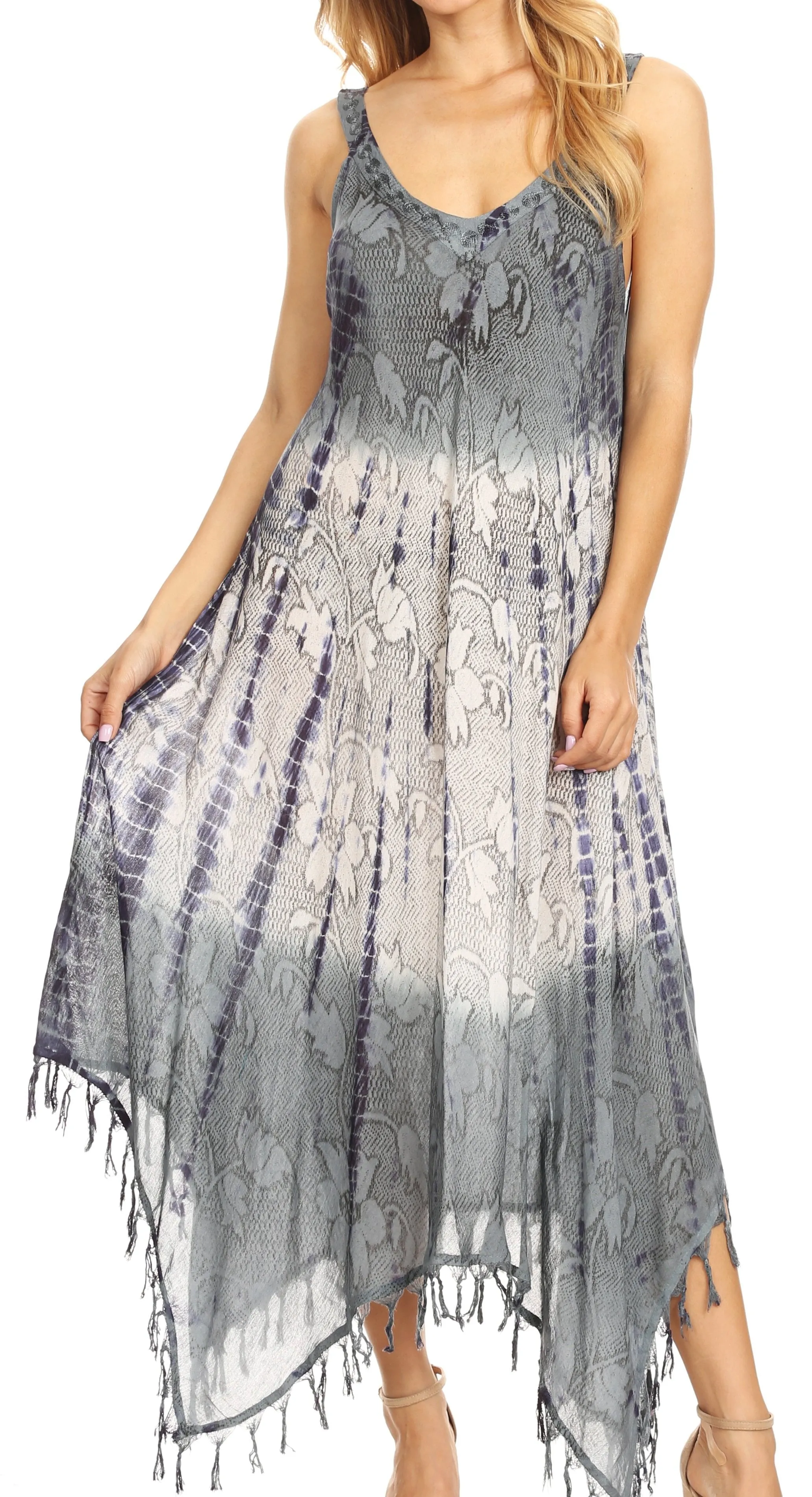 Sakkas Lupe Women's Casual Summer Fringe Maxi Loose V-neck High-low Dress Cover-up