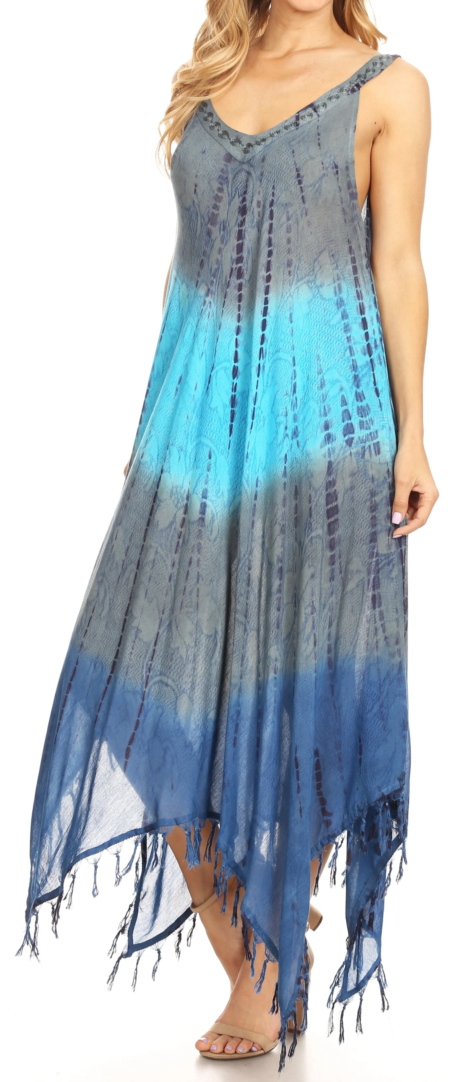 Sakkas Lupe Women's Casual Summer Fringe Maxi Loose V-neck High-low Dress Cover-up