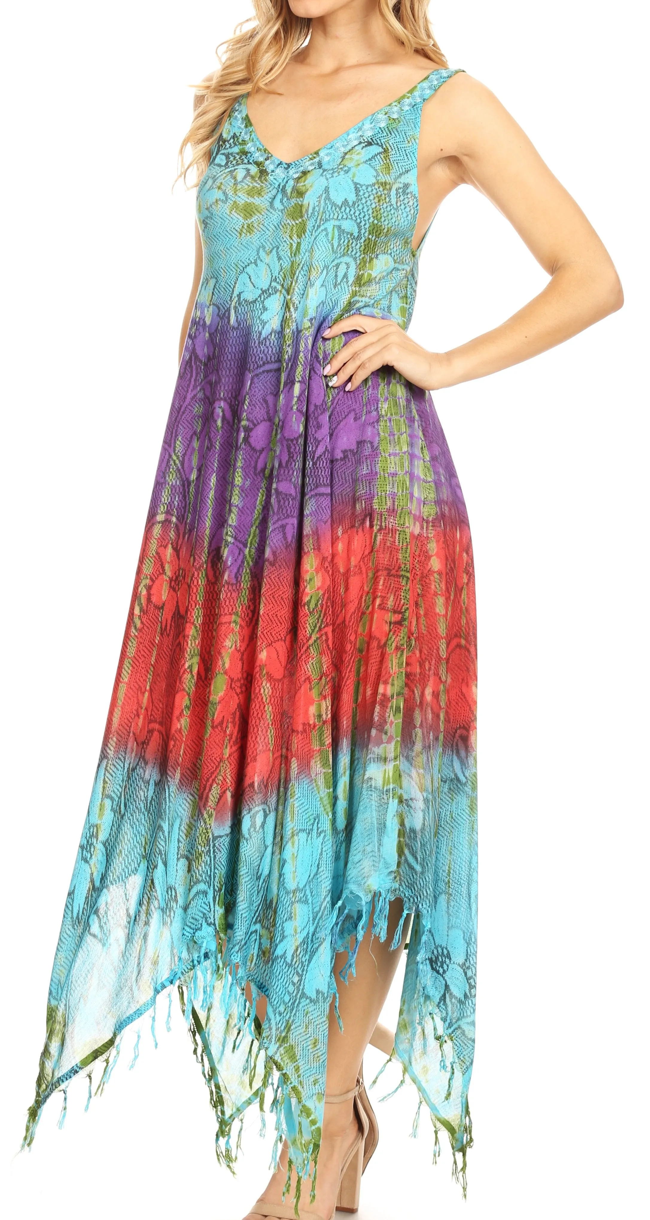 Sakkas Lupe Women's Casual Summer Fringe Maxi Loose V-neck High-low Dress Cover-up