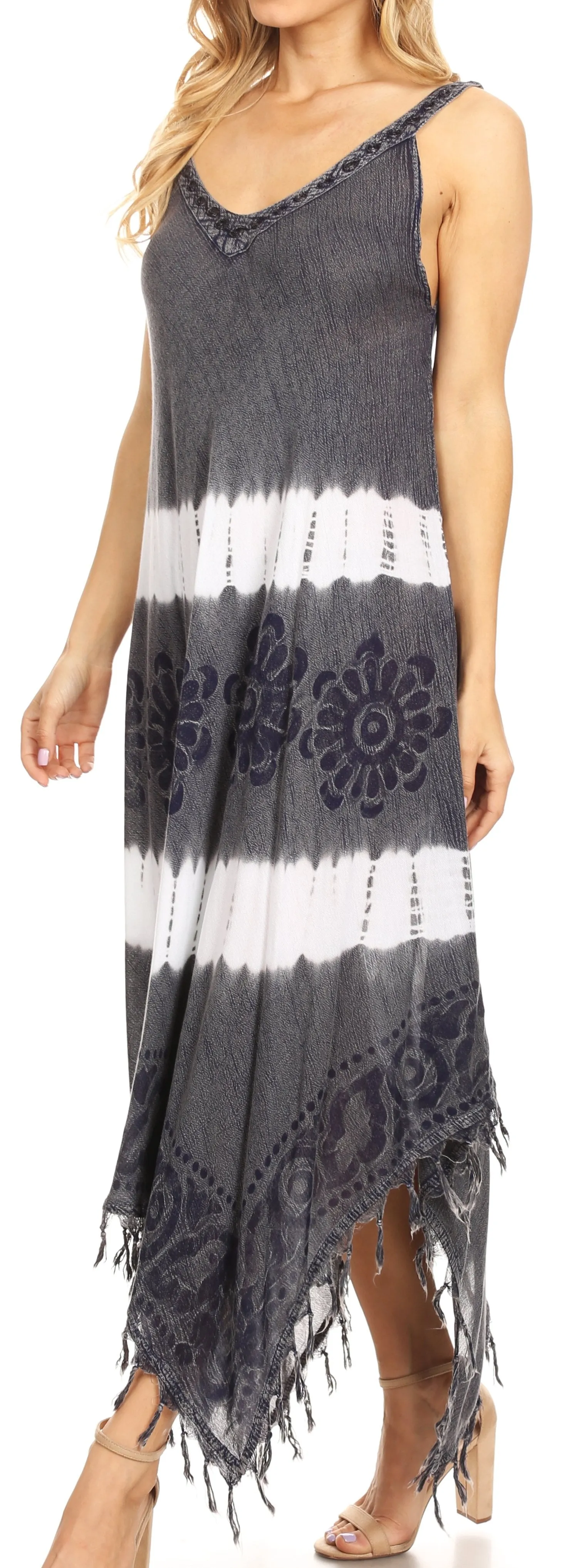 Sakkas Lupe Women's Casual Summer Fringe Maxi Loose V-neck High-low Dress Cover-up