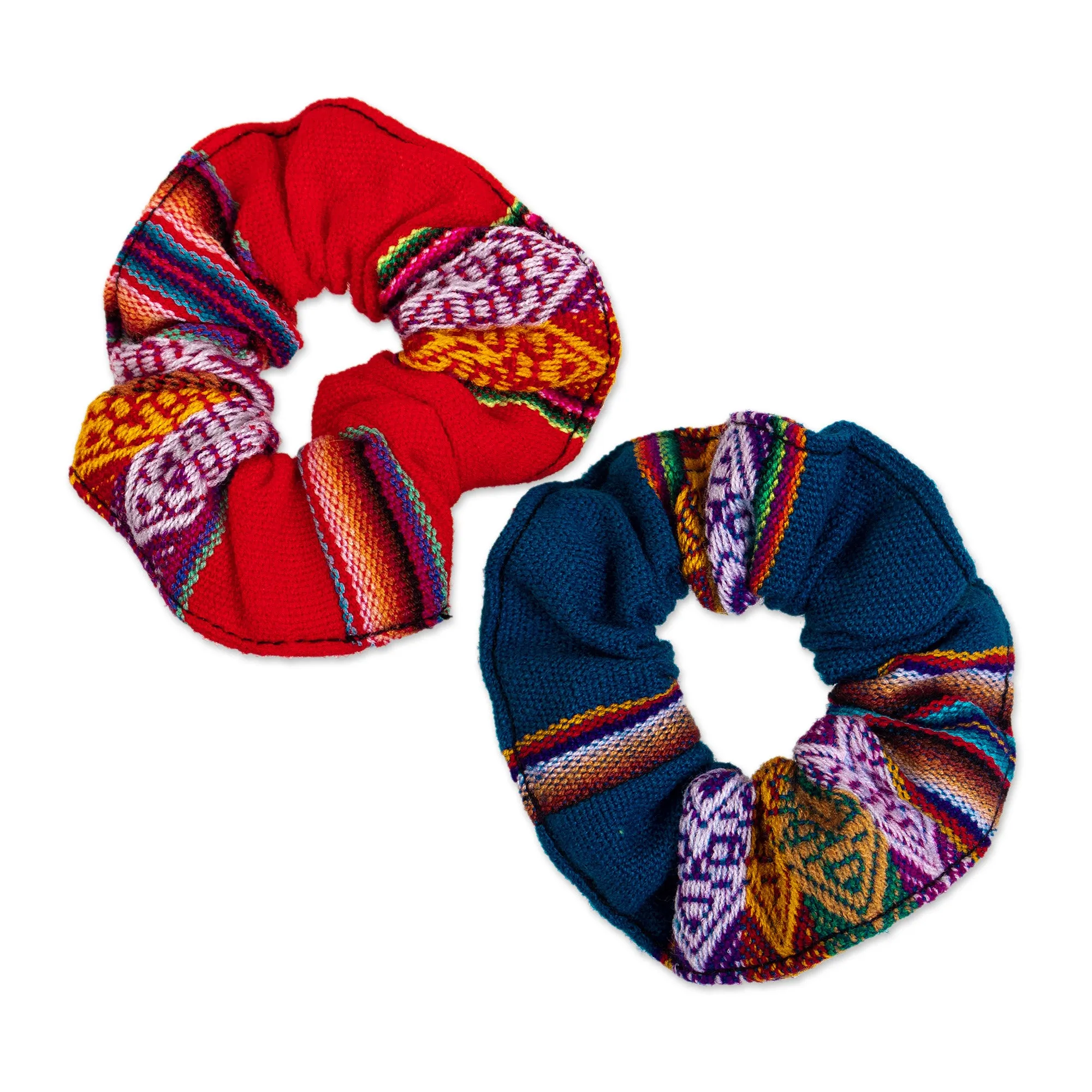 Set of 2 Scrunchies with Vibrant Andean Motifs - Andes Double Fantasy | NOVICA