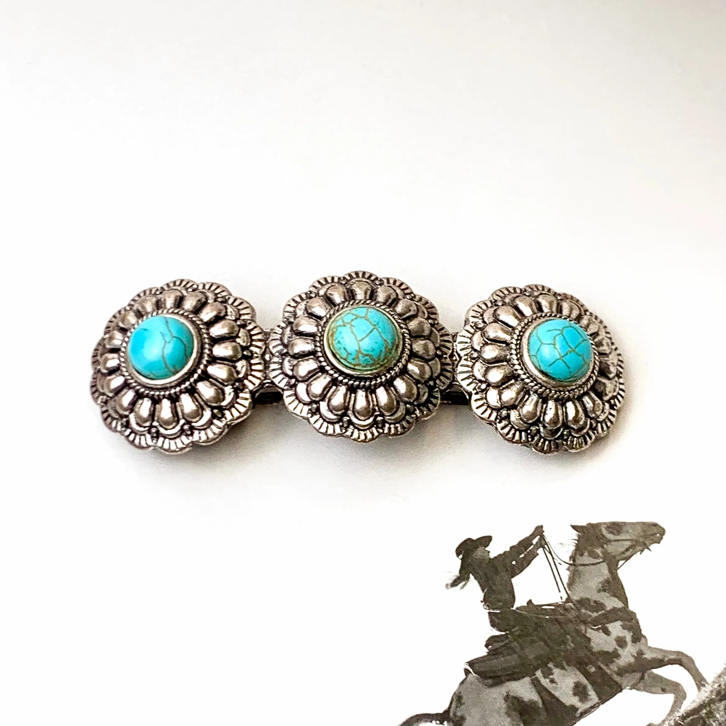 Silver Tone Concho Hair Clip with Faux Turquoise Stones