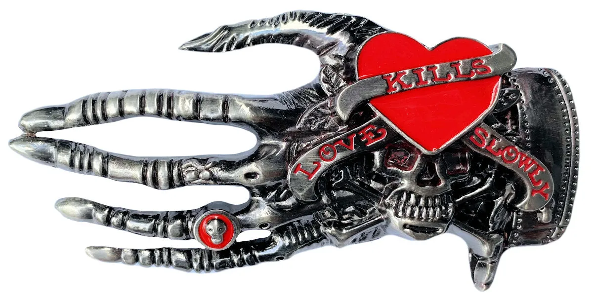 Skeleton Hand Skull with Red Heart Belt Buckle