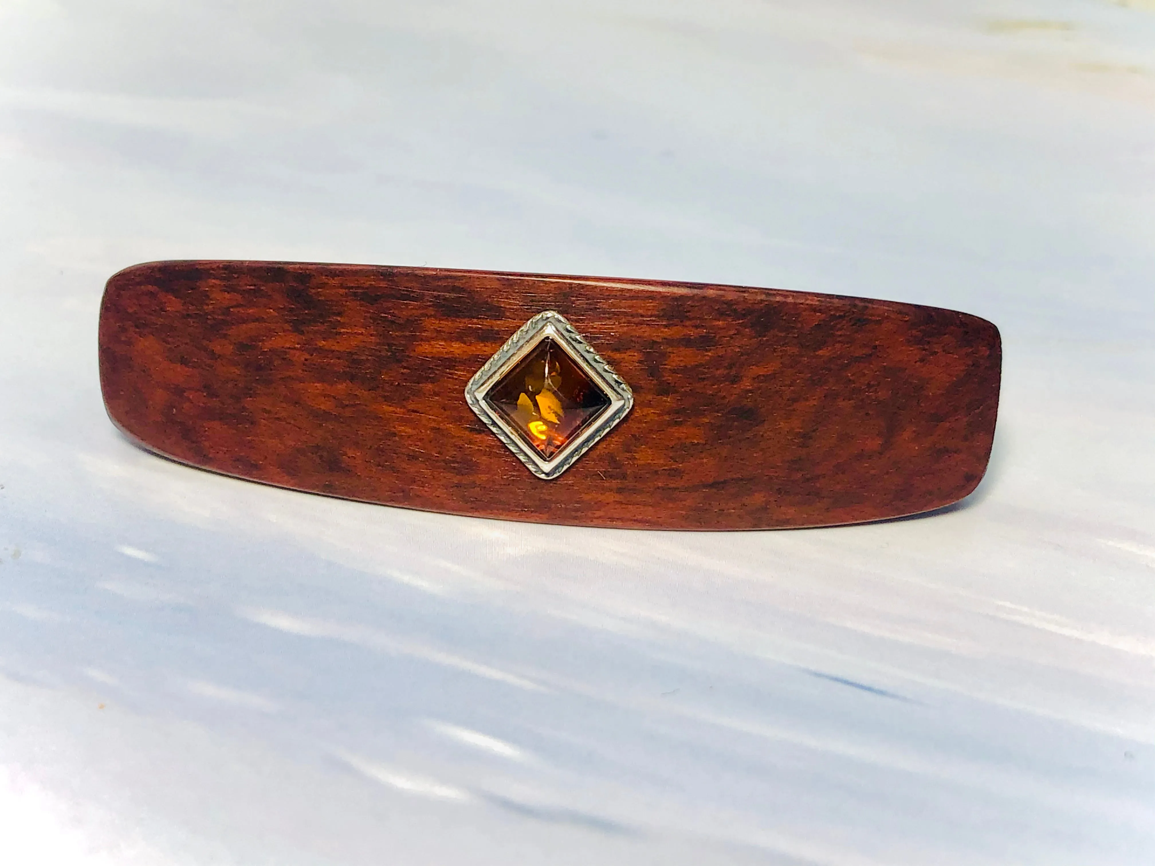 Snakewood Baltic Amber Silver Wood barrette, Elegant Hair Clip Unique Barrette