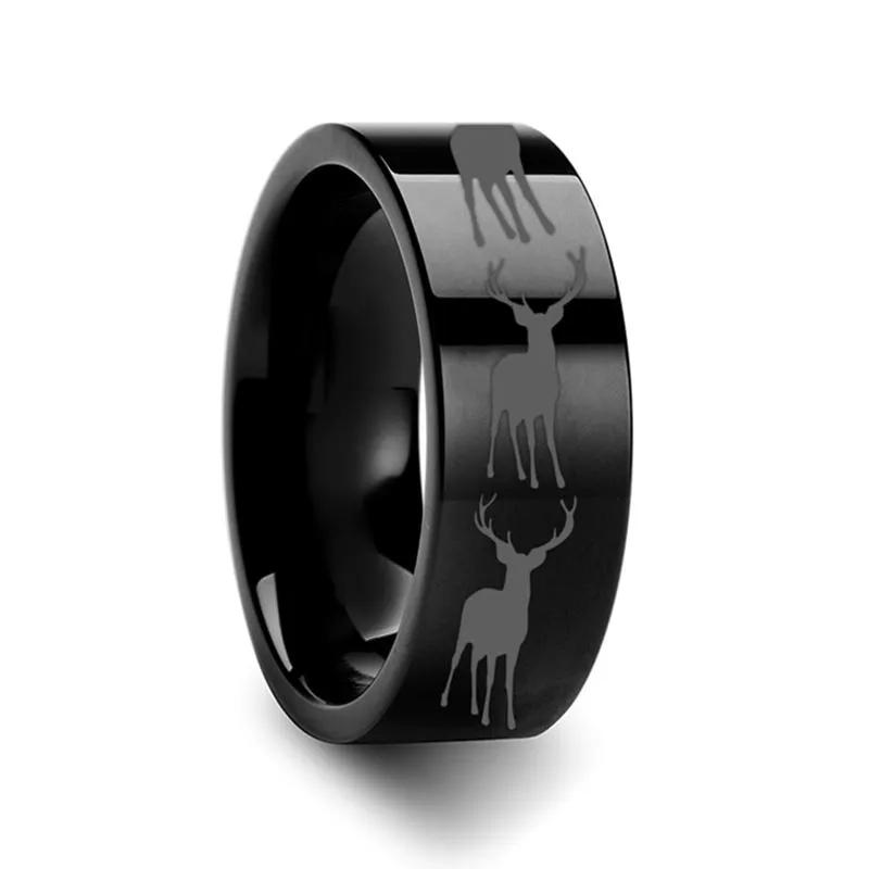 Stag Fawn Deer Elk Print Laser Engraved Animal Design Tungsten Couple Matching Ring - 4MM - 12MM