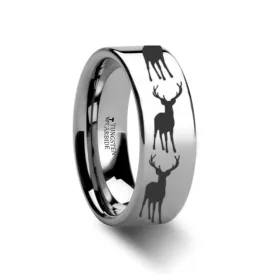 Stag Fawn Deer Elk Print Laser Engraved Animal Design Tungsten Couple Matching Ring - 4MM - 12MM