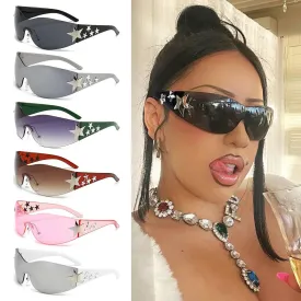 Star Wrap Around Sun Glasses Rimless Y2K Sunglasses for Women and Men Cool Black Sunglasses Shades for Beach