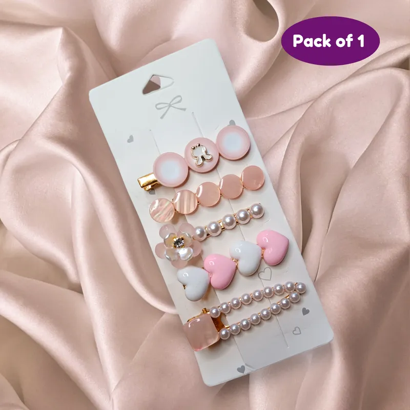 Stylish Pearl Barrettes Hair Pin Accessories Combo Set (Pack of 1, Pink Theme)