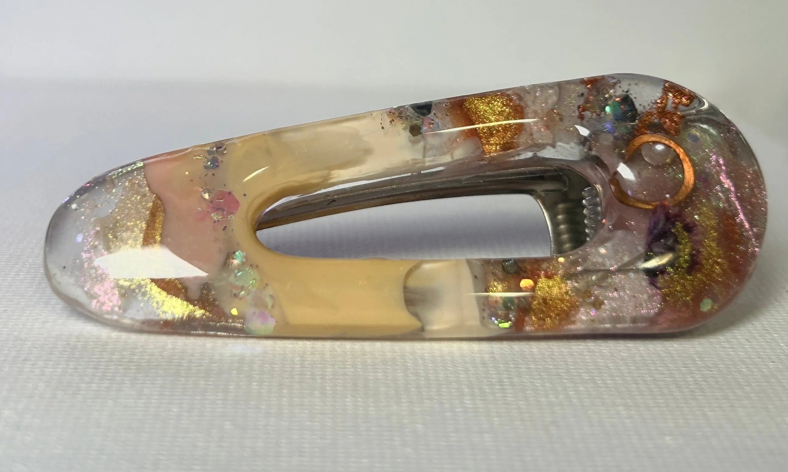 Two UV Resin Hair Barrettes, Base Color Cream, Unique, Multilayered Design with Shimmering Hues. "Color Cream"