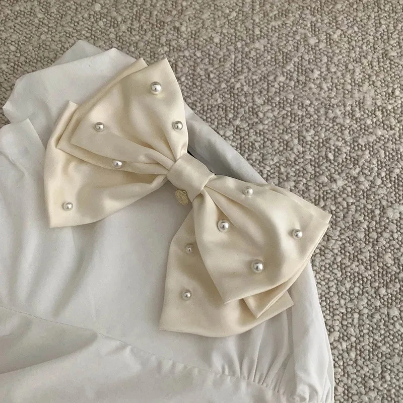 Vintage Cream White Pearl Bow Elegant Christmas Hair Accessory