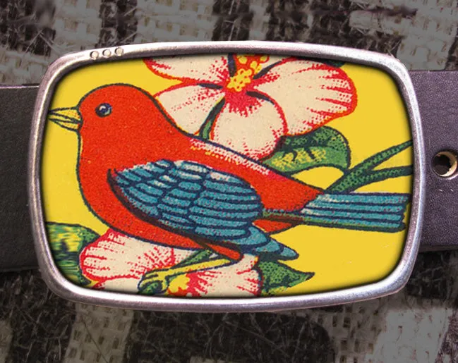 Vintage Red Bird Print Belt Buckle - Yellow Floral Background - Gift for Bird Watcher 50's Midcentury Kitchen