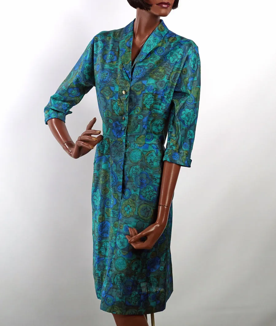 Women's 50s Fitted Sheath Dress Vintage Silky Blue Green Print M/L VFG McArthur