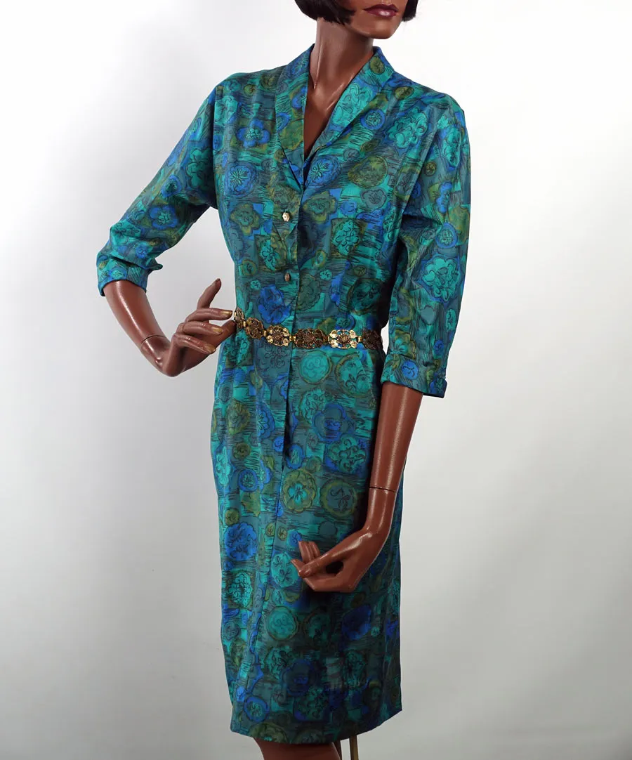 Women's 50s Fitted Sheath Dress Vintage Silky Blue Green Print M/L VFG McArthur