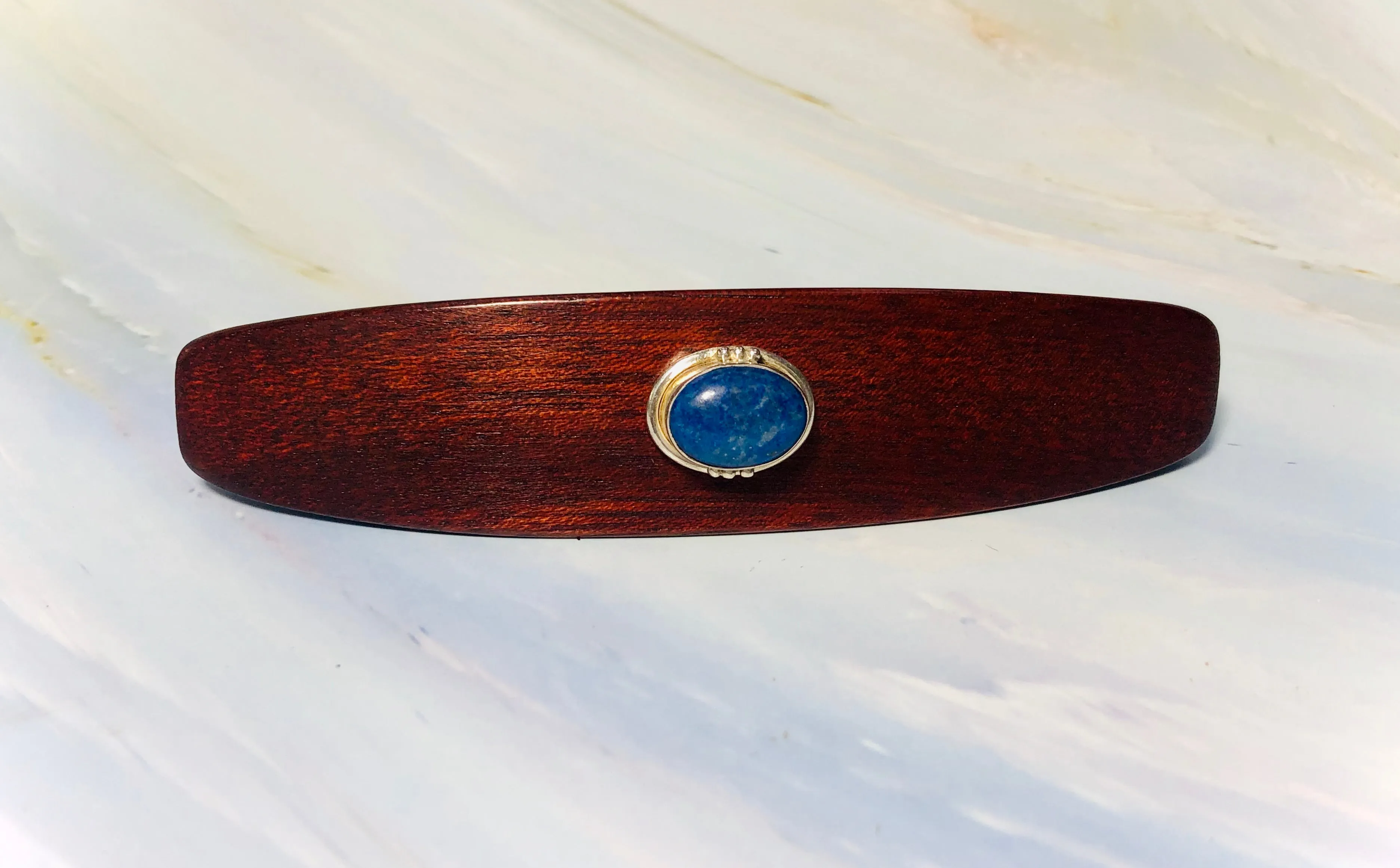 XL Genuine Lapis Gemstone barrette, Bloodwood Wooden Hair Clip