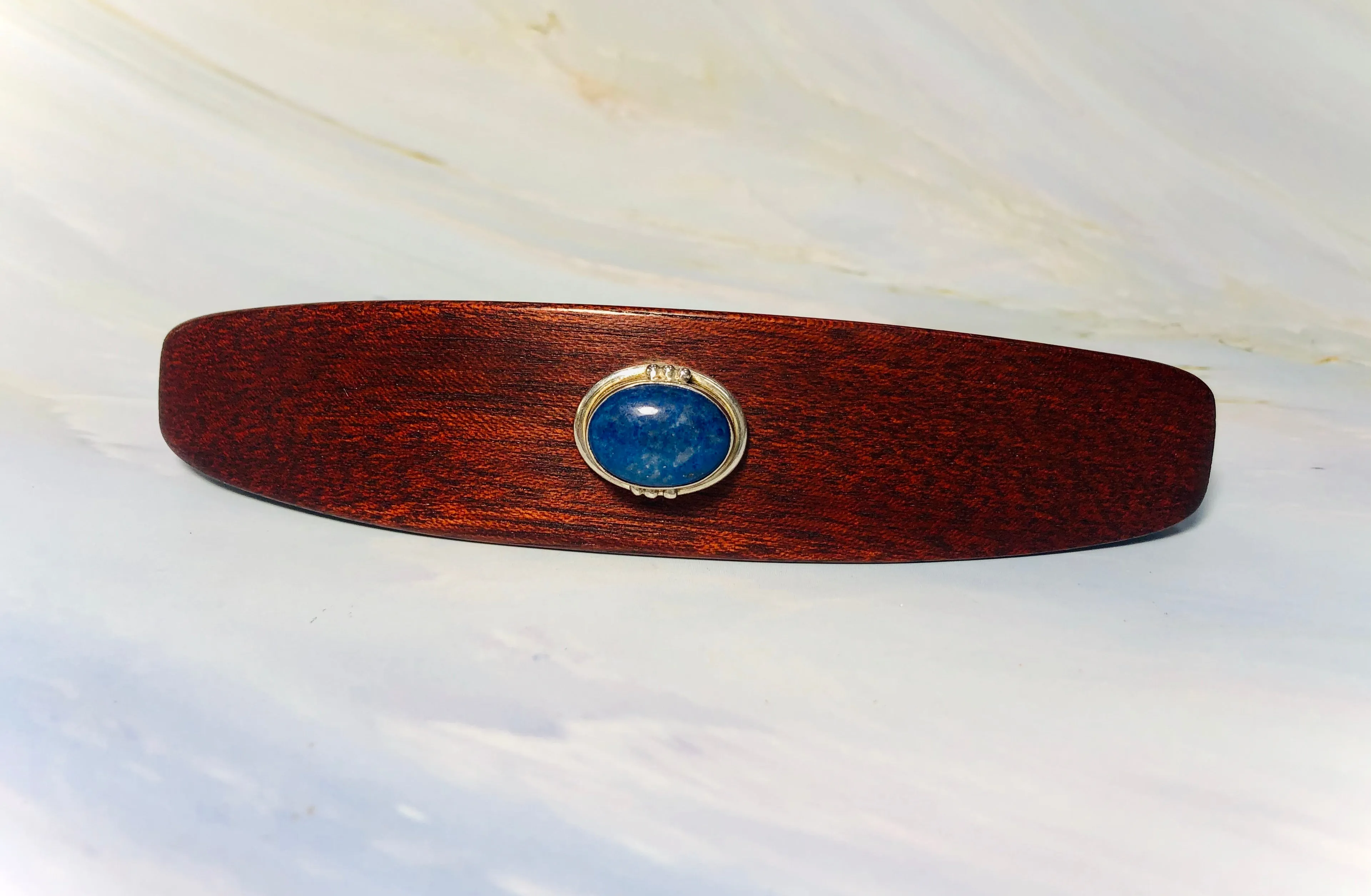 XL Genuine Lapis Gemstone barrette, Bloodwood Wooden Hair Clip