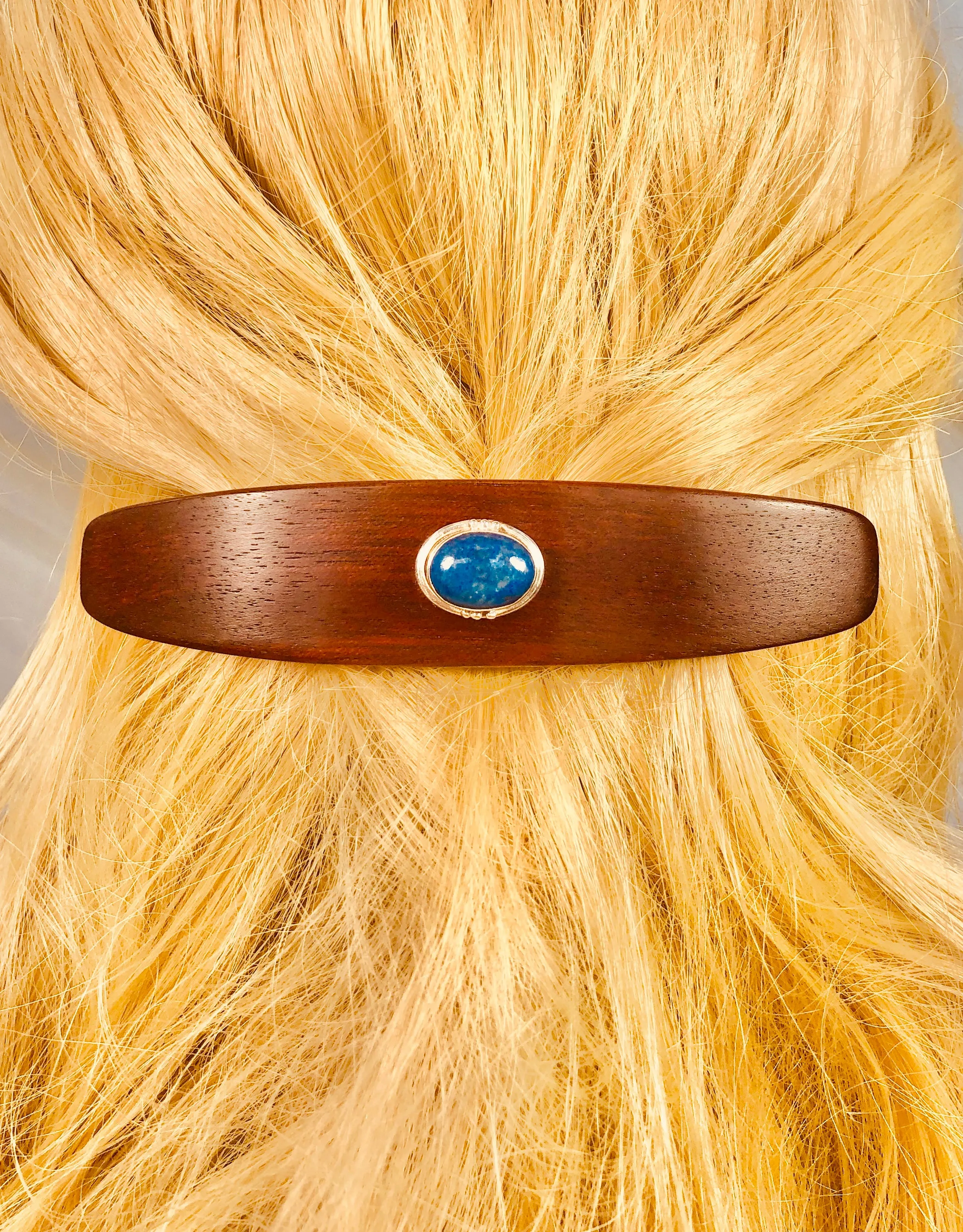 XL Genuine Lapis Gemstone barrette, Bloodwood Wooden Hair Clip