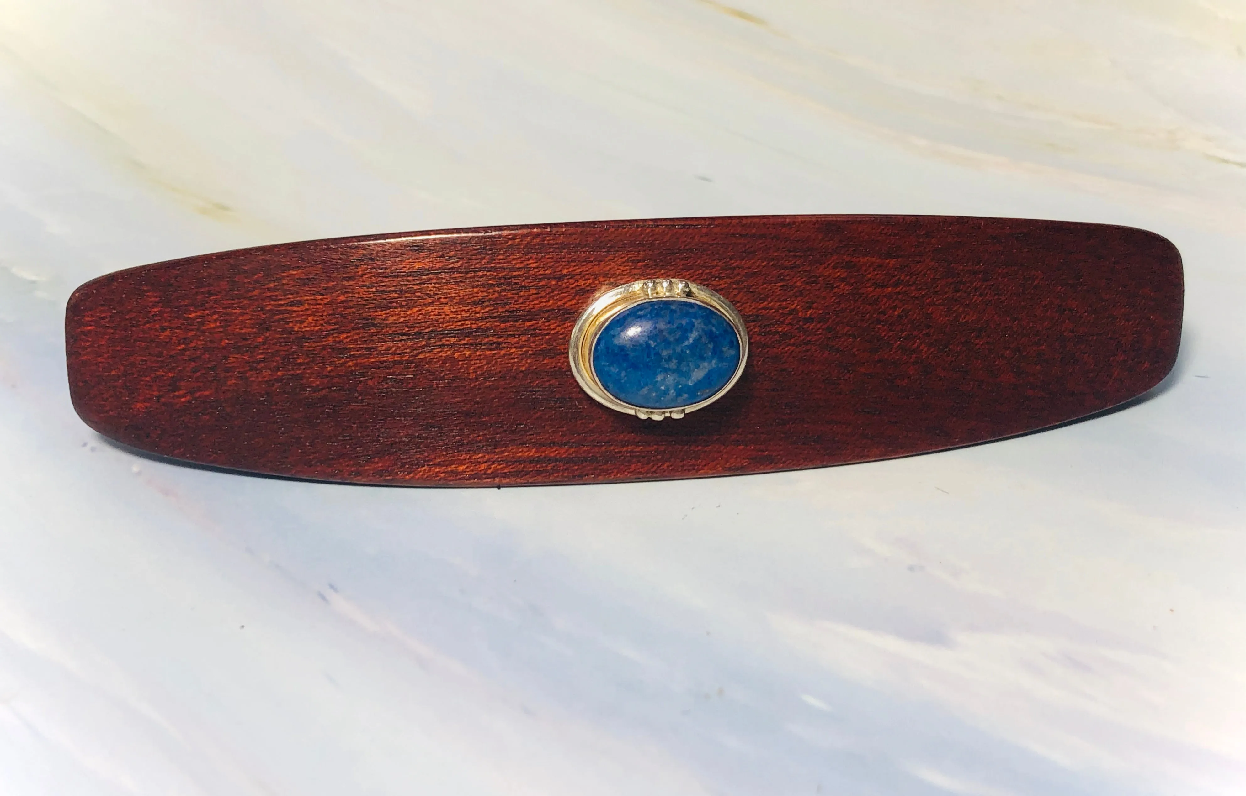 XL Genuine Lapis Gemstone barrette, Bloodwood Wooden Hair Clip